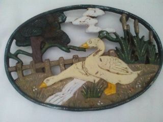 Cast Iron Trivet/pot Stand With Ducks,  Oval,  Vintage French Enamelware