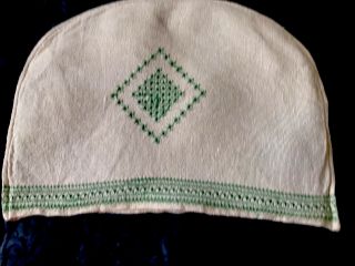 Vintage Hand Embroidered Lefkara Green Thread Natural Linen Tea Cosy Cover 13x9”