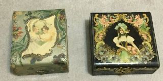 2 Antique Vintage Victorian Era Celluloid Trinket Jewelry Shaving Boxes,  C1900
