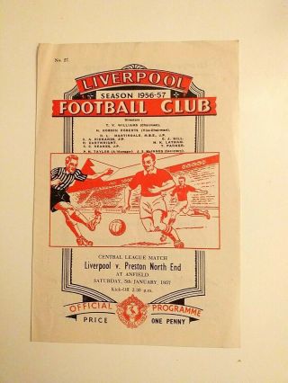 Liverpool Reserves V Preston North End Res January 1957 Very Rare Vg.
