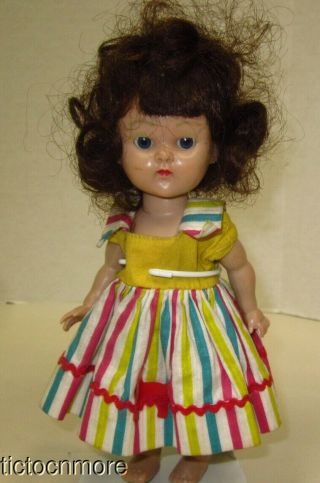 Vintage Vogue Ginny Doll Brunette Blue Eyes Painted Lashes Tiny Miss 39 Dress