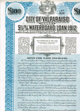 City Of Valparaiso,  Lb 100 Waterboard Loan 1912,  Specimen,  Top - Rare,  Single Piec