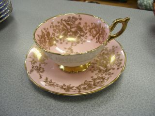 Vintage Coalport Tea Cup And Saucer Bone China England Ad 1750 Pink Gold Flowers