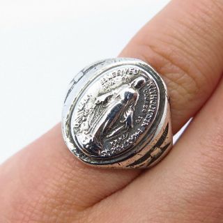 Antique 925 Sterling Silver Our Lady Of Miracles Virgin Mary Medal Ring Size 6