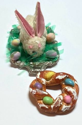 Nos 1:12 Scale Vintage Dollhouse Artisan Food Easter Bunny Cake Platter & Bread