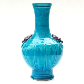 Antique / Vtg Chinese Blue / Turquoise Porcelain Dragon Vase / Lamp Base