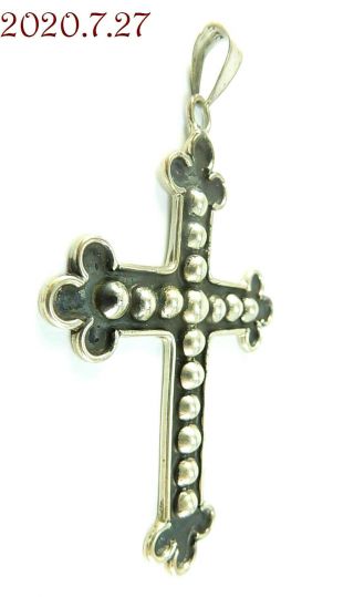 Large Antiqued Sterling Silver 925 Cross Pendant With Raised Dots Design 3 - 1/2 " L