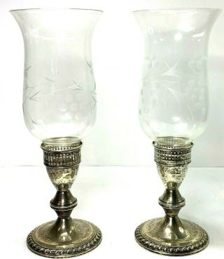 Pair Duchin Weighted Sterling Silver & Etch Glass Hurricane Shade Candle Holders