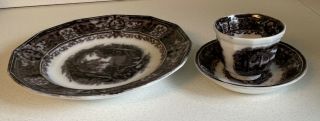 Antique Rare Flow Black Mulberry Transferware - Plate,  Cup,  And Saucer