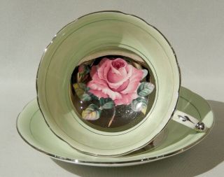 Rare PARAGON Double Warrant FLOATING PINK ROSE on SILVER CUP & SAUCER c 1938 - 52 3