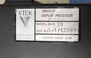 Rare Museum Item Braille Display Processor VTEK BDP - 20 (Will Ship WorldWide) 3