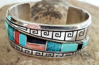Alvin Lula Begay Navajo Sterling Silver Turquoise Coral Onyx Cuff Bracelet Rare