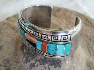 Alvin Lula Begay Navajo sterling silver turquoise coral Onyx cuff bracelet Rare 4