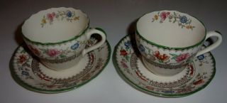 2 Antique Copeland Spode Chinese Rose Green Trim Tea Cups & Saucers