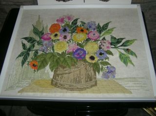 Vintage Hand Embroidered Framed Picture,  Basket Flowers,  42cmx51cm