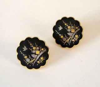 A Amita Japan Vintage Earrings With Gold & Silver Inlay Birds & Flowers