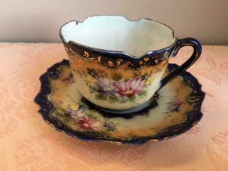 Antique Royal Nippon Hand Painted Tea Cup & Saucer Cobalt Royal Blue & Florals