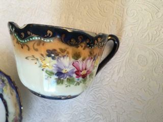 Antique ROYAL NIPPON Hand Painted TEA CUP & SAUCER Cobalt Royal Blue & Florals 3