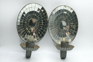 Rare Pair Early 19th C American Tin Mirrored Candle Sconces Great Old Surface