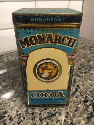 Antique Monarch Cocoa Tin 16 Oz W/ Lion Graphic & Hinged Lid Reid Murdoch & Co