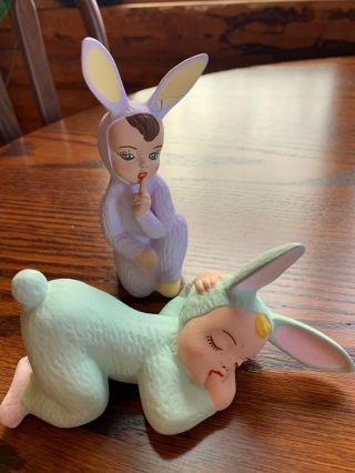 Antique/vintage Easter Babies In Bunny Costume Ceramic Figurines Set Of 2