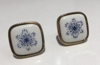 Vintage Royal Copenhagen Porcelain Blue White Gold Cufflinks - Made In Denmark