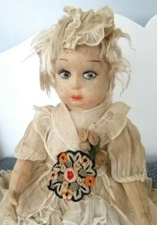 Vintage 16 " Lenci Type Doll Felt Cloth Jointed Hand Painted Eyes Mohair