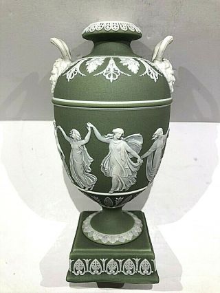 C.  1891 Wedgwood Jasperware Dark/olive Sage Green " Dancing Hours " Ftd Vase Rare