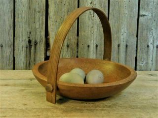 Antique Primitive Wooden Dough Bowl Basket W/ Peg Swing Handle Aafa