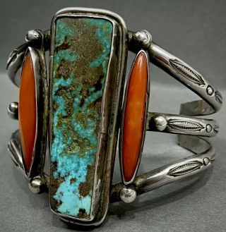 Huge Vintage Navajo Sterling Silver Turquoise Coral Cuff Bracelet Rare Design