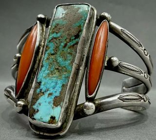 HUGE Vintage Navajo Sterling Silver Turquoise Coral Cuff Bracelet RARE DESIGN 2