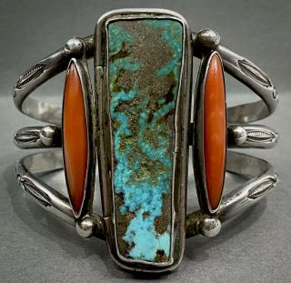 HUGE Vintage Navajo Sterling Silver Turquoise Coral Cuff Bracelet RARE DESIGN 3