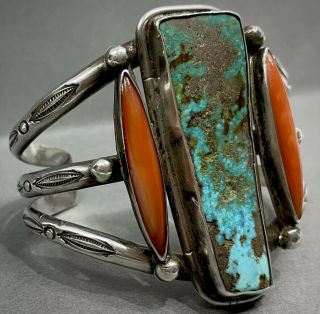 HUGE Vintage Navajo Sterling Silver Turquoise Coral Cuff Bracelet RARE DESIGN 4