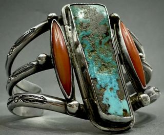 HUGE Vintage Navajo Sterling Silver Turquoise Coral Cuff Bracelet RARE DESIGN 5