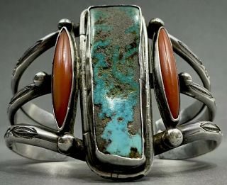 HUGE Vintage Navajo Sterling Silver Turquoise Coral Cuff Bracelet RARE DESIGN 6