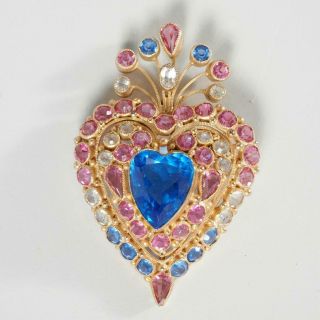 Rare Vintage Signed Hobe Open Back Rhinestone Glass Heart Brooch
