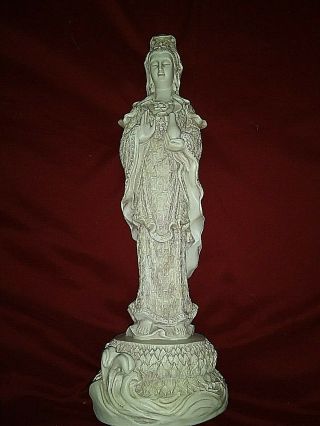 Vintage White Porcelain Standing Kuan - Yin With Vase Made 01 - 07 - 1952.