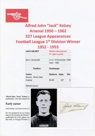 Jack Kelsey Arsenal 1950 - 1962 Rare Autograph Cutting On Postcard