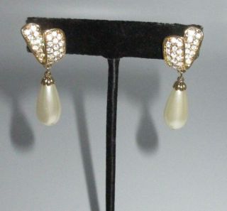 Statement Vintage Earrings Imitation Pearl Dangle Rhinestone Gold Tone Chic Bin4