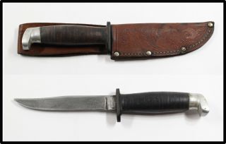 Vintage Rare Royal Brand Cutlery Hunting Knife With Embossed Leather Sheath
