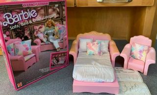 1987 Iob Barbie Sweet Roses Living Room Furniture Sleeper Sofa & Chair Cushions