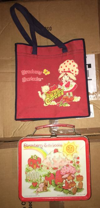 Vintage 1980 Strawberry Shortcake Metal Lunch Box W/ Very Rare Canvas Carry Tote