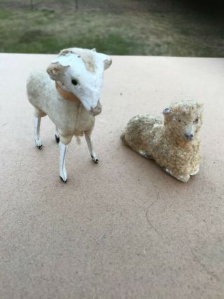2 Antique Sheep Toys Composition & Wood And Wooly Wax