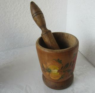 Old Antique Primitive Hand Painted Wooden Mortar And Pestle,  Wood.  /3p/