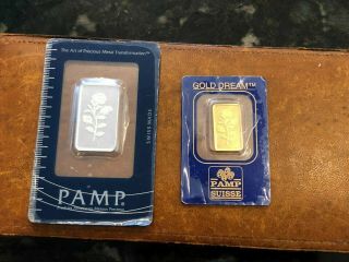 Vintage Pamp Rose 1/2 Oz Silver Bar & 2.  5 Grams Gold Bar Assay Rare
