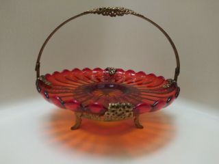Vintage Filigree Brass Ornate Basket With Red/orange Glass Insert Candy Dish
