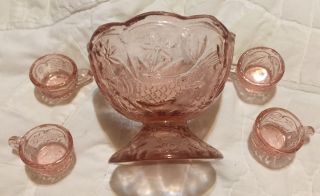 Vintage Depression Glass Pink Miniature Punch Bowl And 4 Cups Child’s