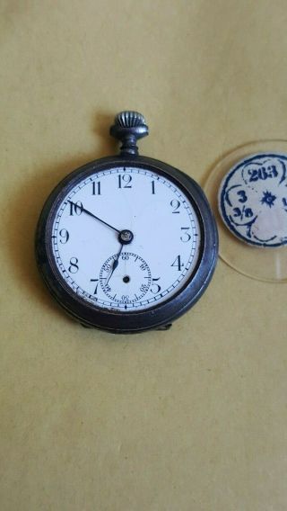 Vintage Rare Swiss Gun Metal Pocket Watch Small Wwi Military Trench Wwii Watch
