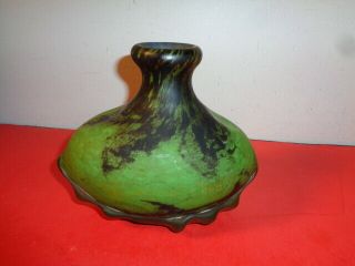 Rare Vintage Daum Nancy Signed French Cameo Green Glass Vase (6 By 7 By 4 ")