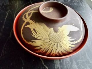 Set Of 4 Antique Japanese Wood Lacquer Bowls W/lid Hand Painted Gold Phoenix